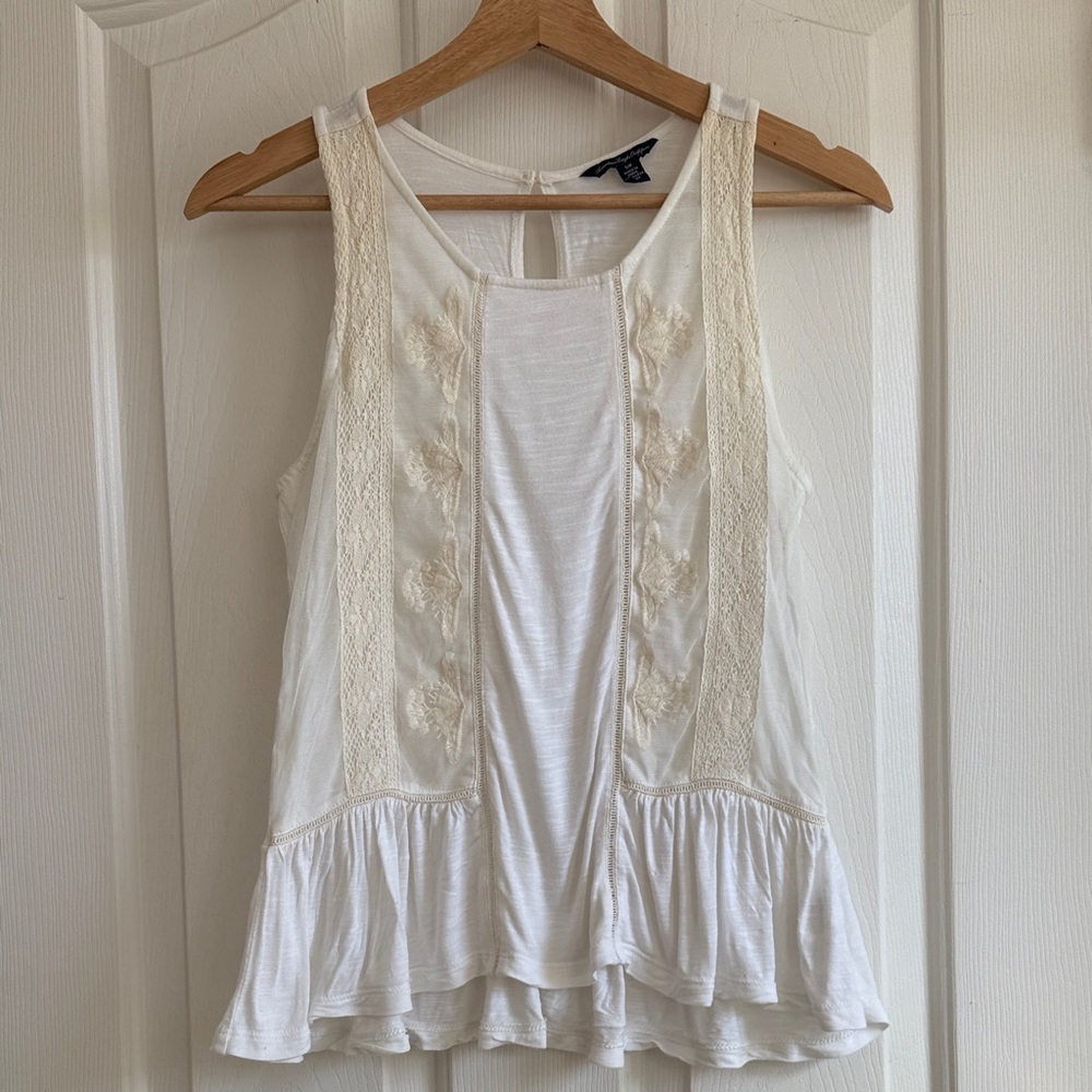American Eagle Outfitters Cream Lace-Trim Tank Top - Size S